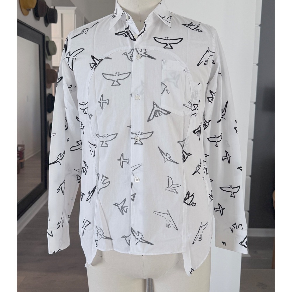 COMME des GARCONS WHITE 1005 COTTON Bird Graphic Printed Shirt, SMALL